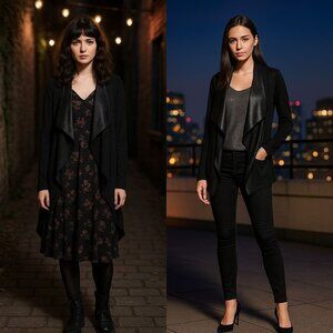 CAbi Women Black Faux Leather-Trim Waterfall Jacket M Whimsygoth Glam Minimalist